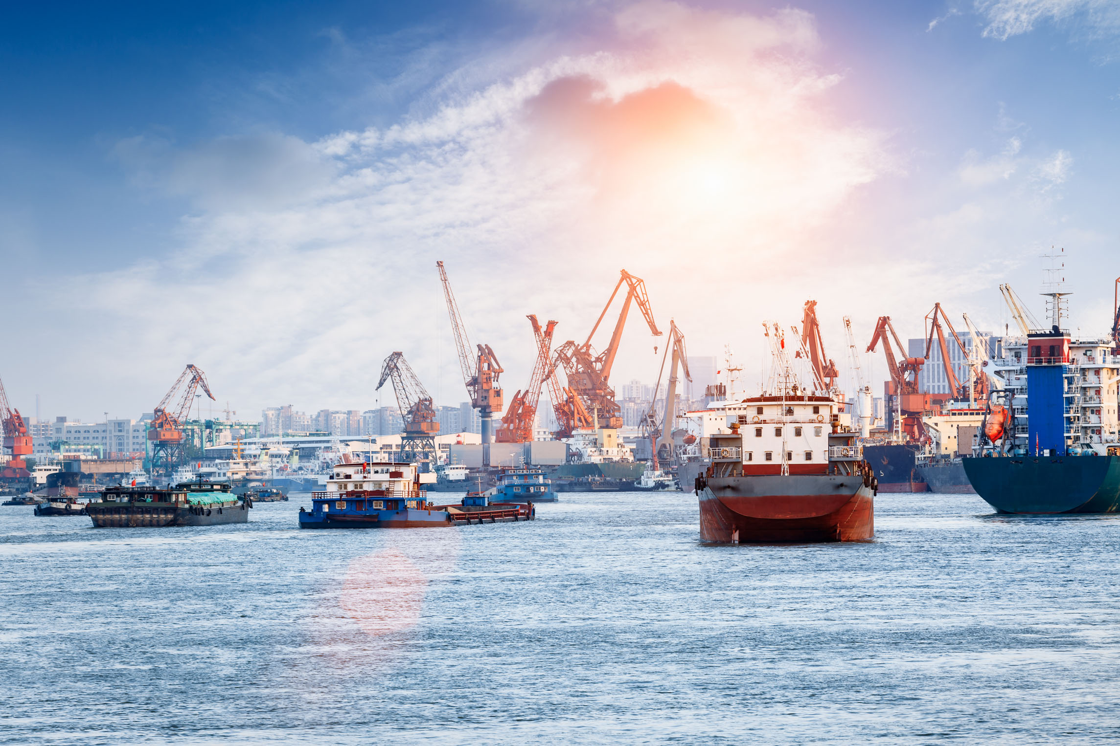 Industrial container freight Trade Port scene at sunset